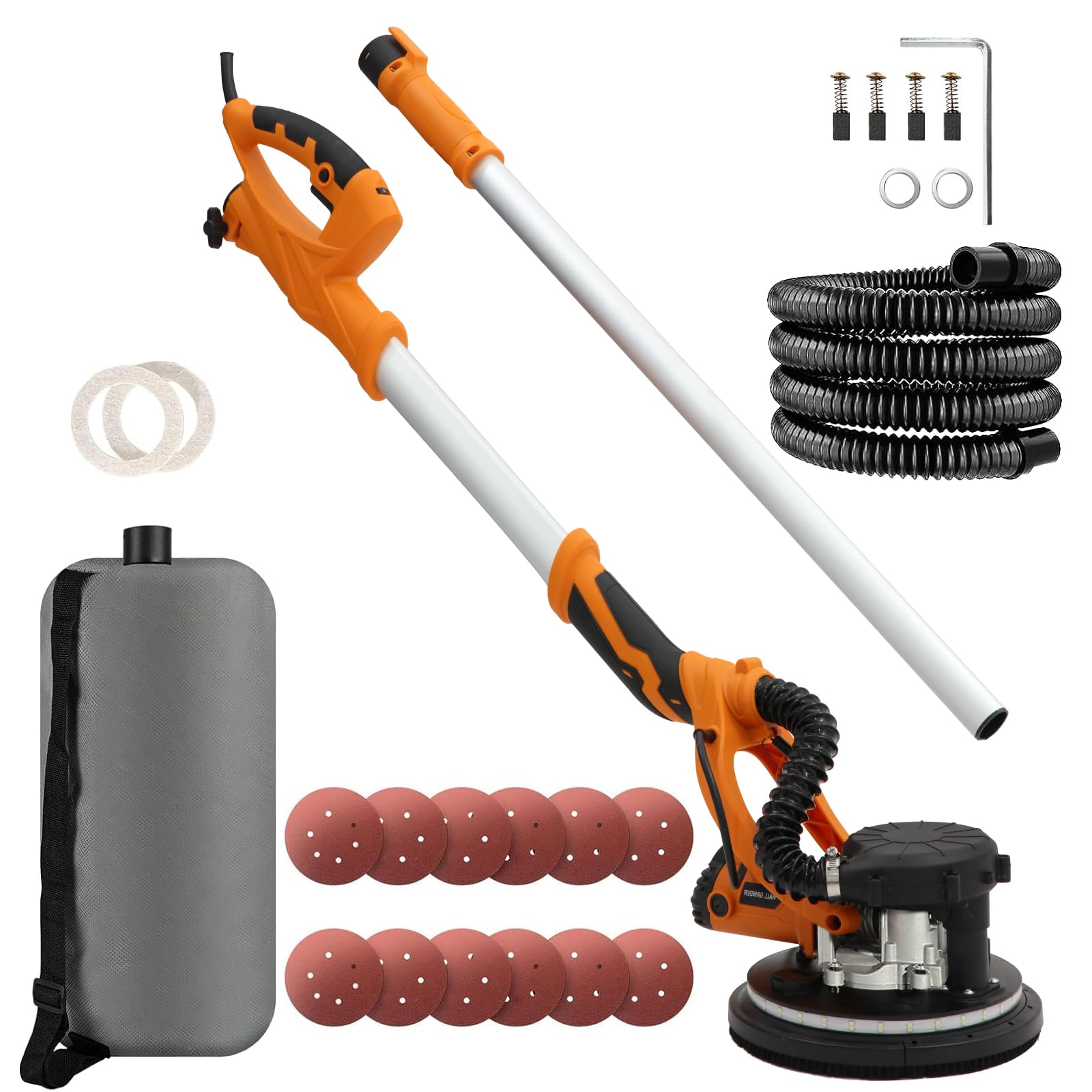 1250W Drywall Sander with Vacuum Dust Extraction System, Telescopic Extension Pole, 360° Rotatable Sanding Head, LED Light, 5 Speed Adjustable for DIY Renovation Wall Sanding