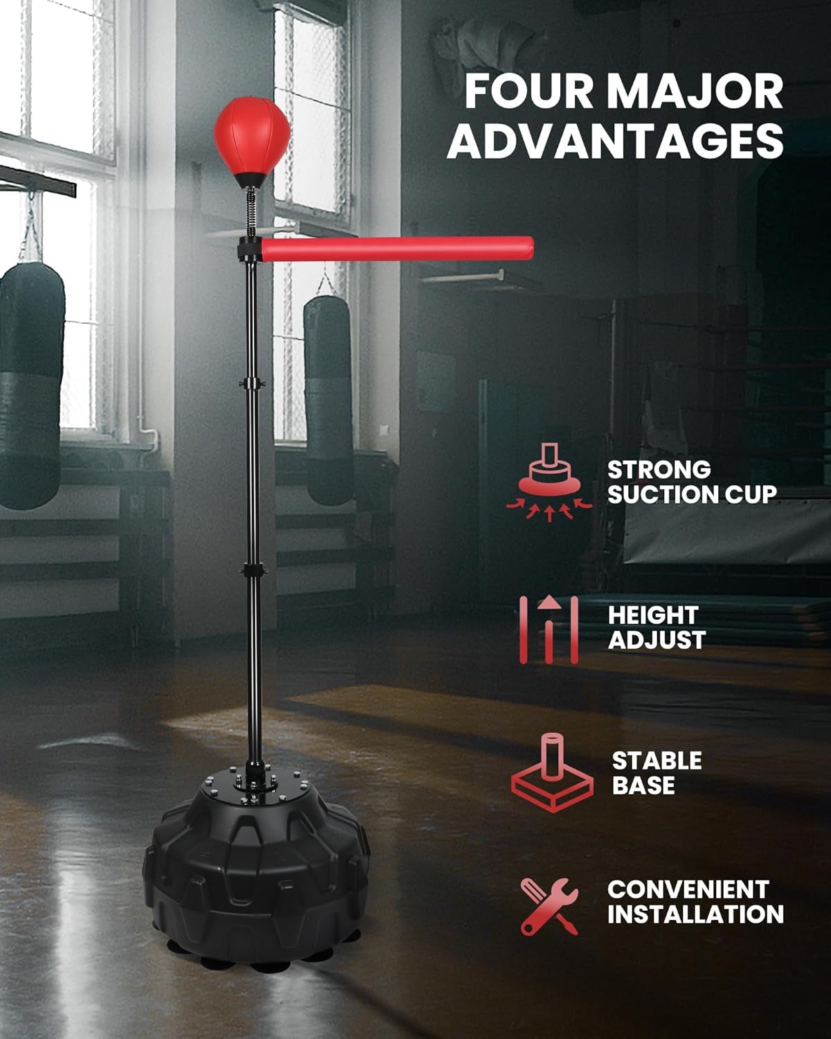 Reflex Ball & 360°Rotating Rod Boxing Bar Training Kit - Punching Bag Spinning Bar, Free Standing Design Adjustable Height for Adults（Red - Image 4