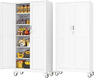 PAOFIN 79" White Metal Locking Garage Storage Cabinet with Wheels