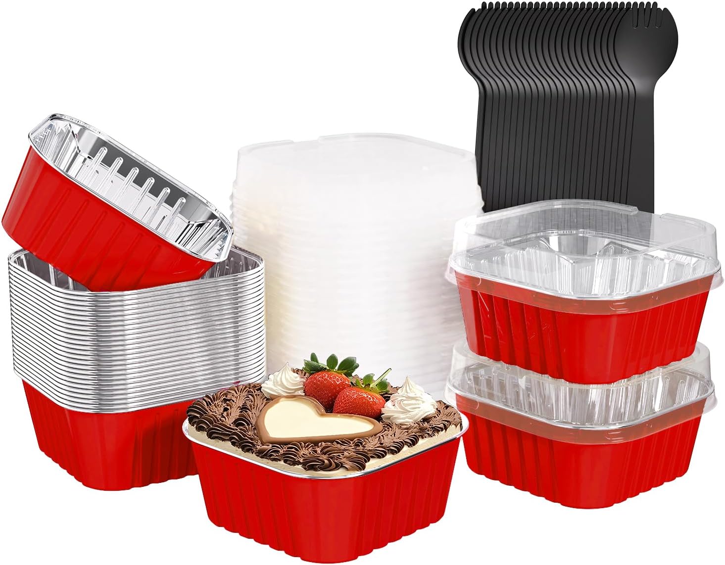 25 Pack Square Mini Cake Pans with Lids,Mini Loaf Pans with Lids,Aluminum Foil Baking Cups,Disposable Ramekins Cupcake Cups,Dessert Cups for Wedding Birthday Party Picnics,5oz (Red)