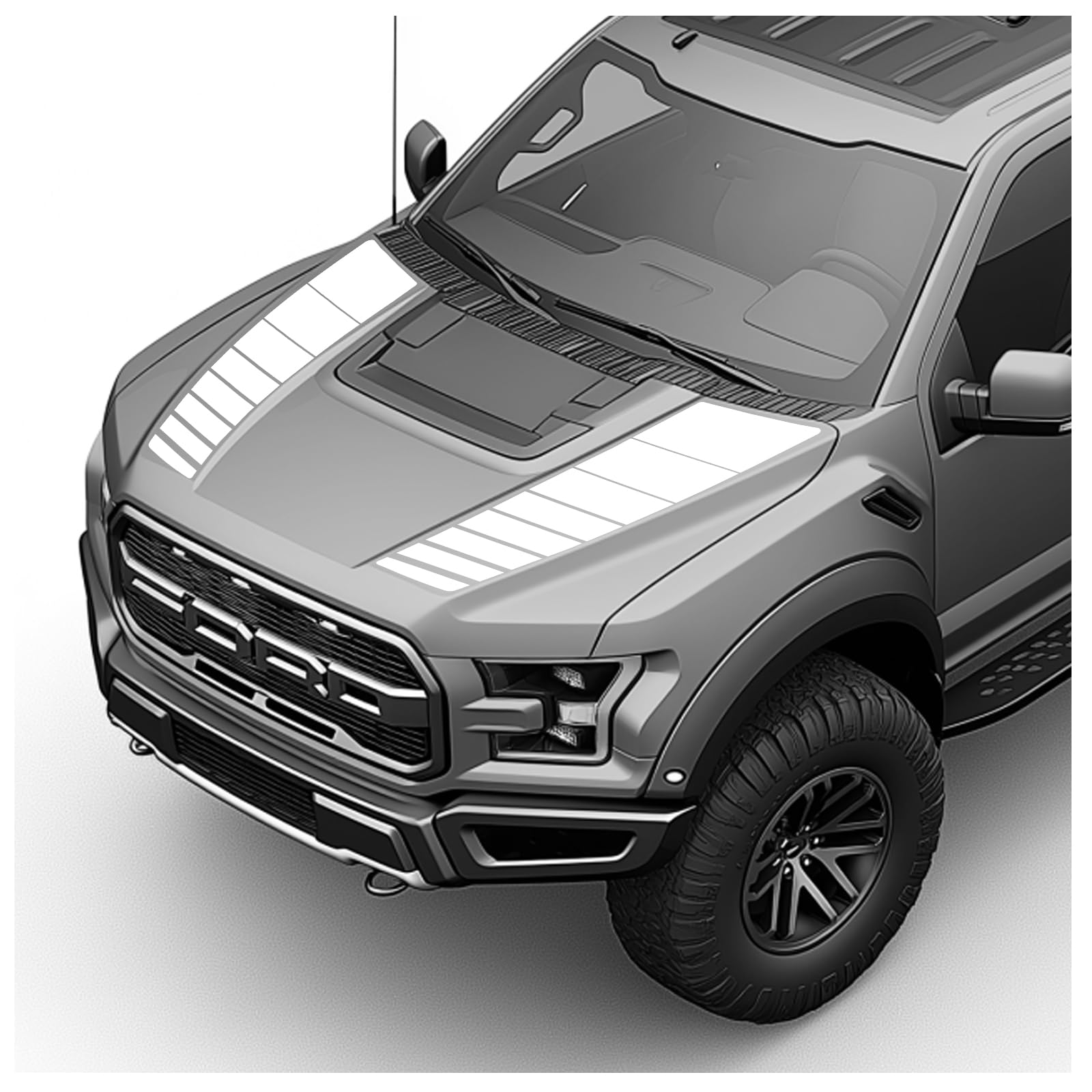 Hood Blackout Racing Stripes Vinyl Decal Sticker Kit- Compatible with Ford F150 Raptor 2014-2020 (Style 3, White)
