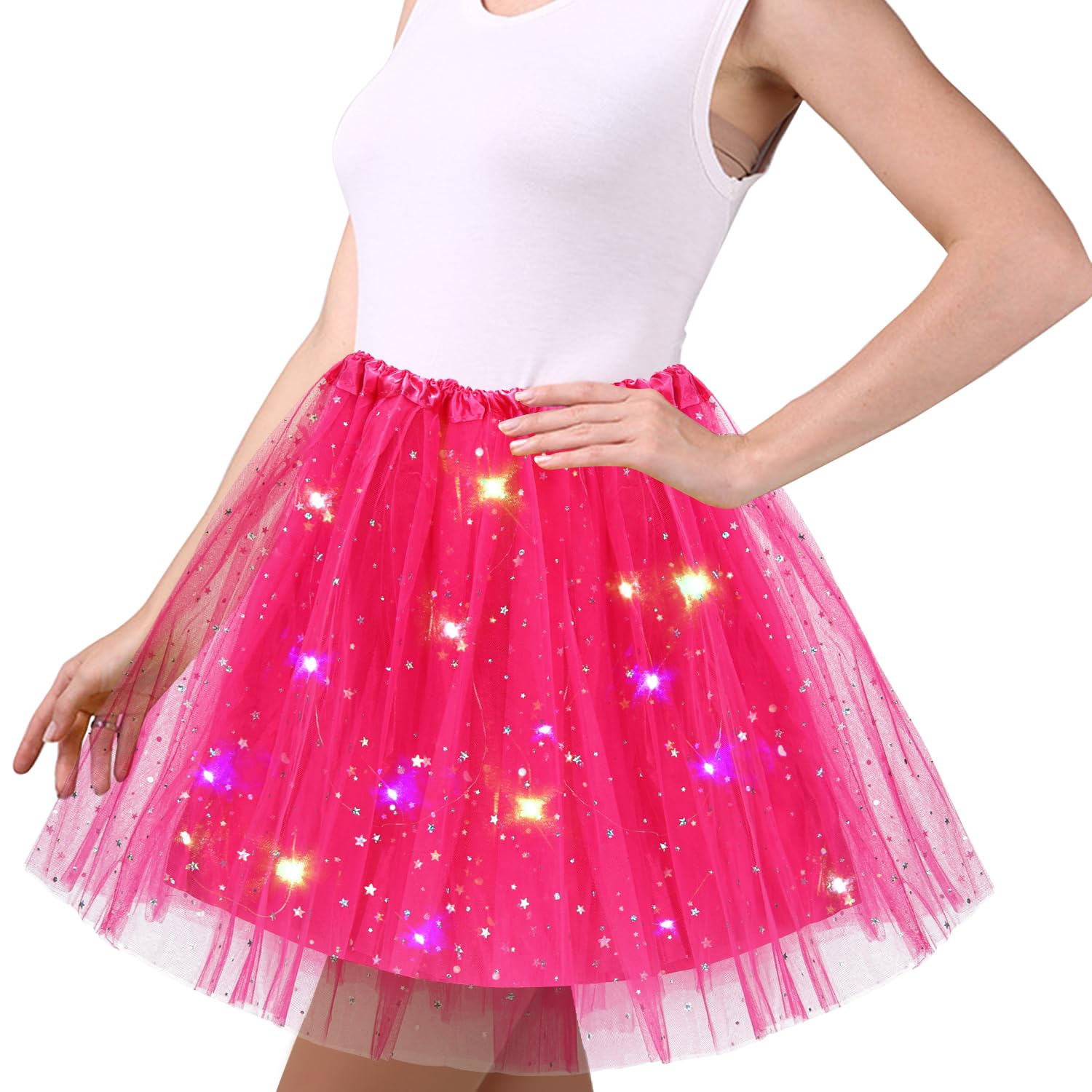 Wishstar Jupe en Tulle pour Femmes, Robe Danse à Paillettes étoilées, Mini-Jupe Extensible avec Lumières LED, Jupe Tutu 45cm pour Adultes, Robe de Danse pour Adolescentes Carnaval Ballet