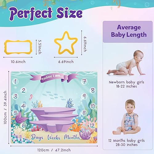 Miniatura 2 de 6 unidades de manta mensual de sirena para bebé, diario, semanal, mensual de vellón con 2 marcos para baby shower, 47 x 39 pulgadas y traje de