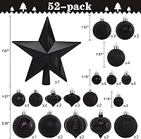 Vista 4 de Paquete de 52 adornos navideños negros irrompibles para árbol de Navidad y estrella superior - Para decoración navideña