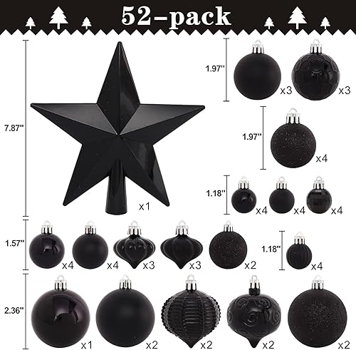 Miniatura 4 de Paquete de 52 adornos negros inastillables para árbol de Navidad y estrella para decoración navideña