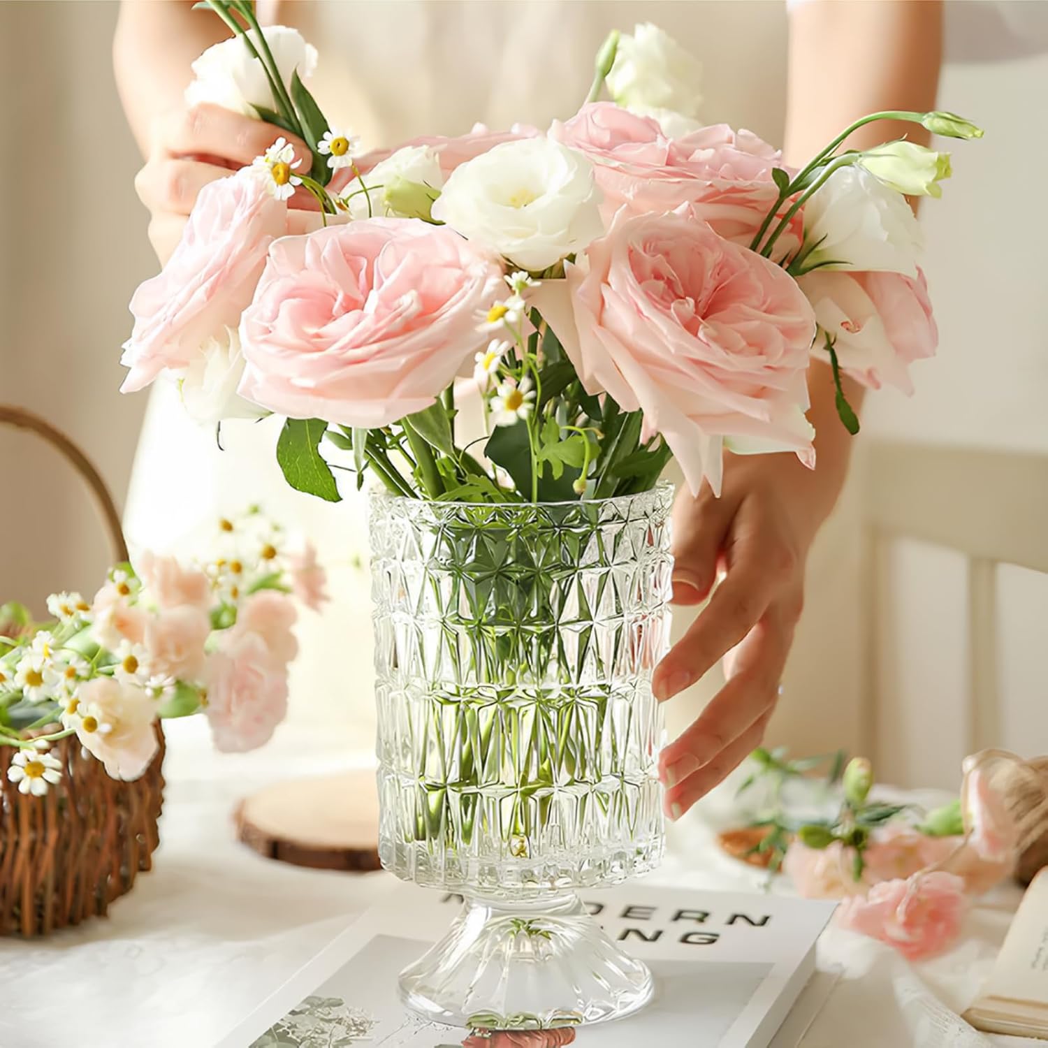 Goaste 3 Pack Embossed Big Base Vase, 7" Crystal Glass Vase, Hydroponic Green Plant Vases, Transparent Flower Vases with Ribbed Pattern for Wedding, Dining Table Centerpieces, Home Decor, Office - Image 7