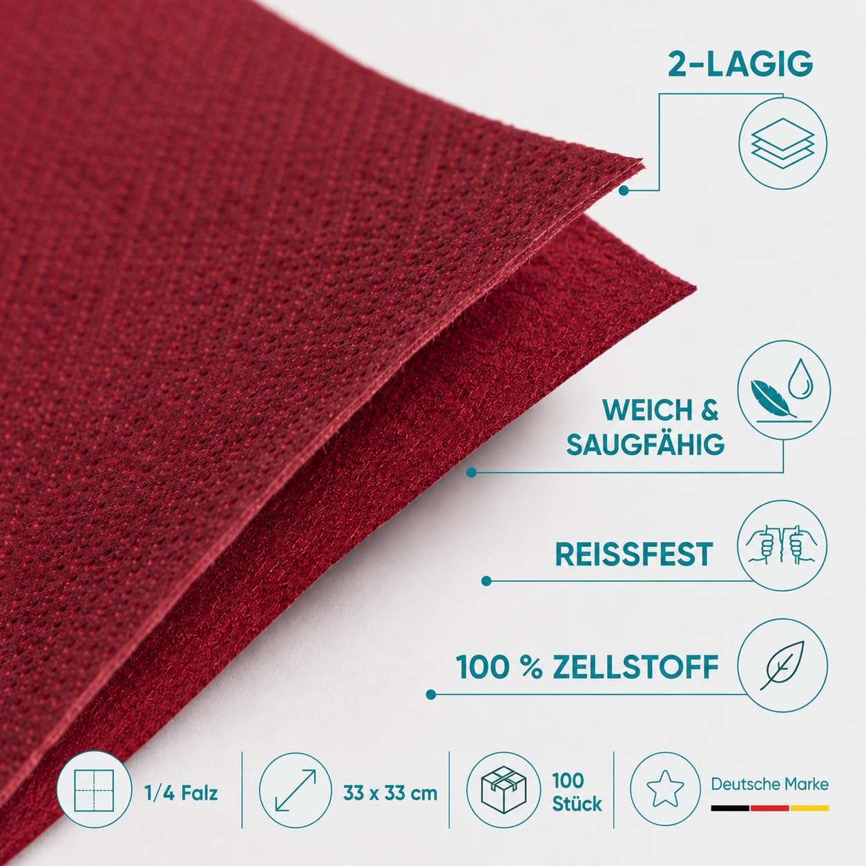 Commerline Lot de 1000 serviettes bordeaux - 33 x 33 cm - 2 couches - Pliage 1/4 - Douces et absorbantes - Pour restauration, restaurant, restauration, fête, anniversaire et événements - Serviettes
