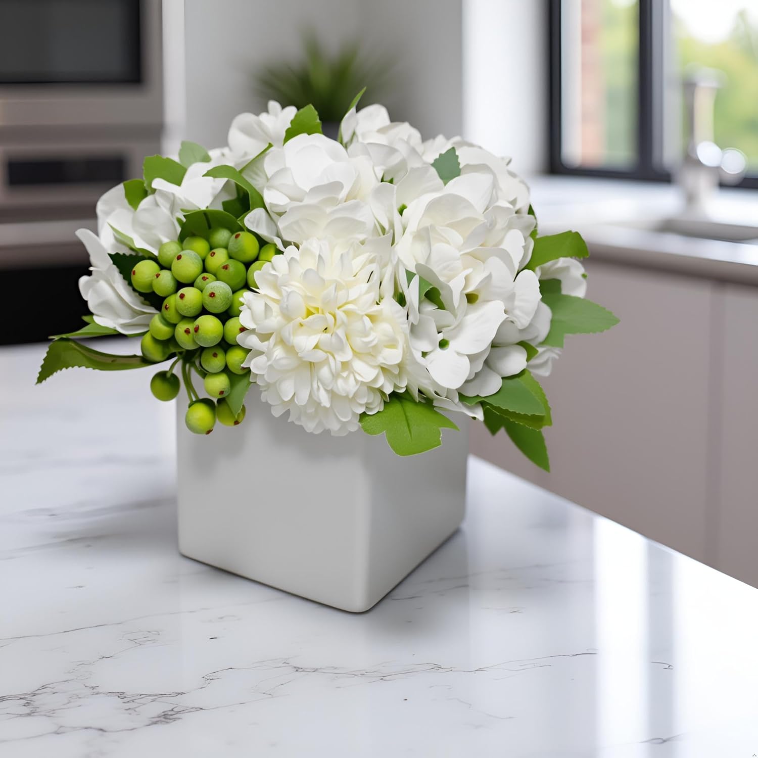 LADADA Flower in Ceramic vase, Artificial Hydrangea Flower Arrangement and vase Home Decoration Artificial Flower (White) - Image 2