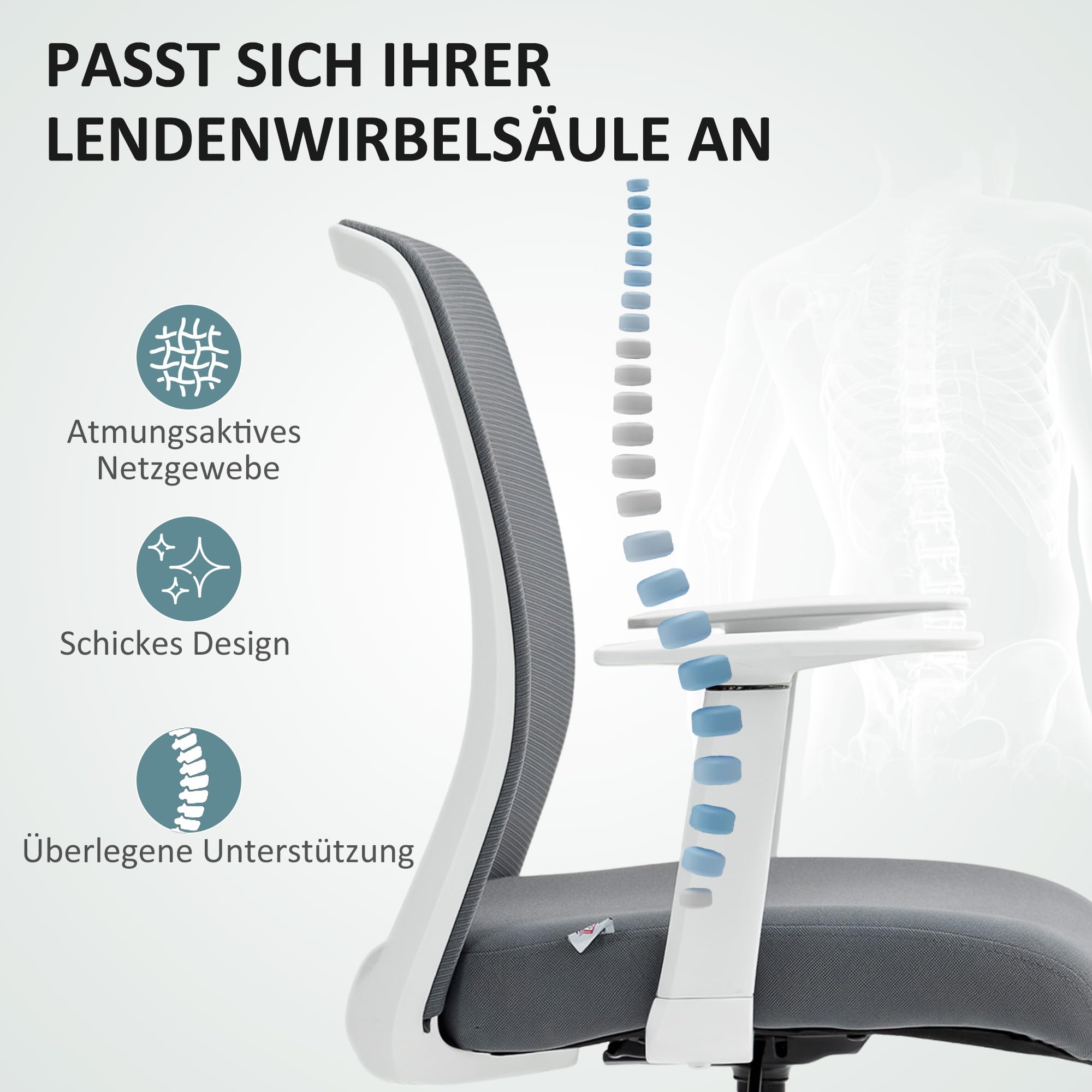 HOMCOM Bürostuhl Hoch Ergonomischer Schreibtischstuhl Armlehnen Grau | Mit Fußring, Höhenverstellbarer Zeichenstuhl, Drehstuhl mit Netzbespannung