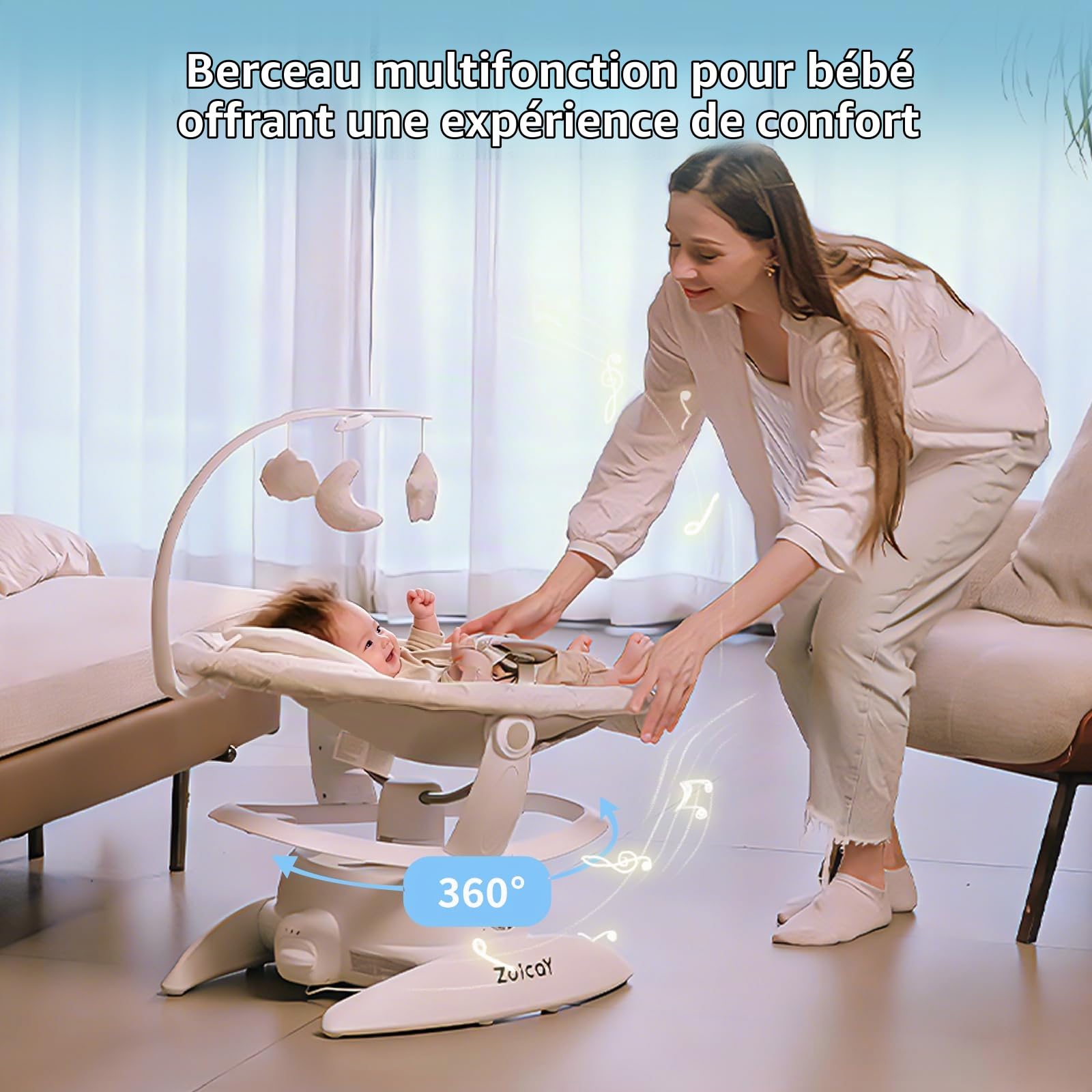 Balancelle Bébé Electrique 3-in-1 avec 9 Modes pour 0–9 mois, Jusqu'à 11 Kg | Transat Balancelle avec Siège Réglable Fonction de Timing et Musique, Télécommande Bluetooth contrôle pour Intérieure (Blanc)