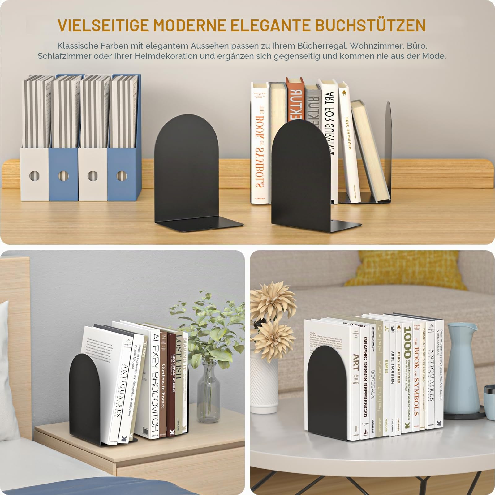 Buchstützen 4 Paare, Metall Runde für Regale und Schreibtisch, zum Halten von Büchern, Buchstopper, Schwarz für Home Office