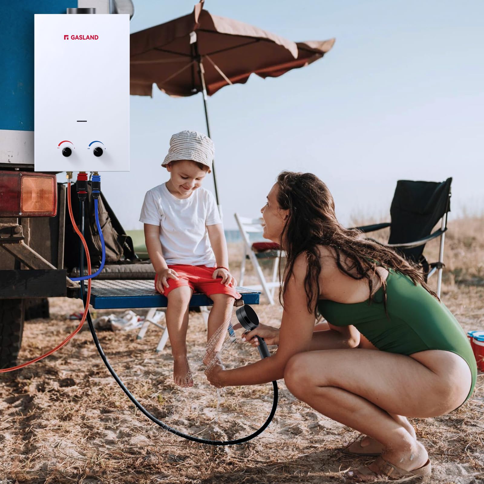 GASLAND BS264 Chauffe-eau à gaz de 10 L,propane(37mbar)/butane(28-30mbar),chaudière instantanée à GPL avec poignée pour camping-car, camping, douche, lavage de cheval