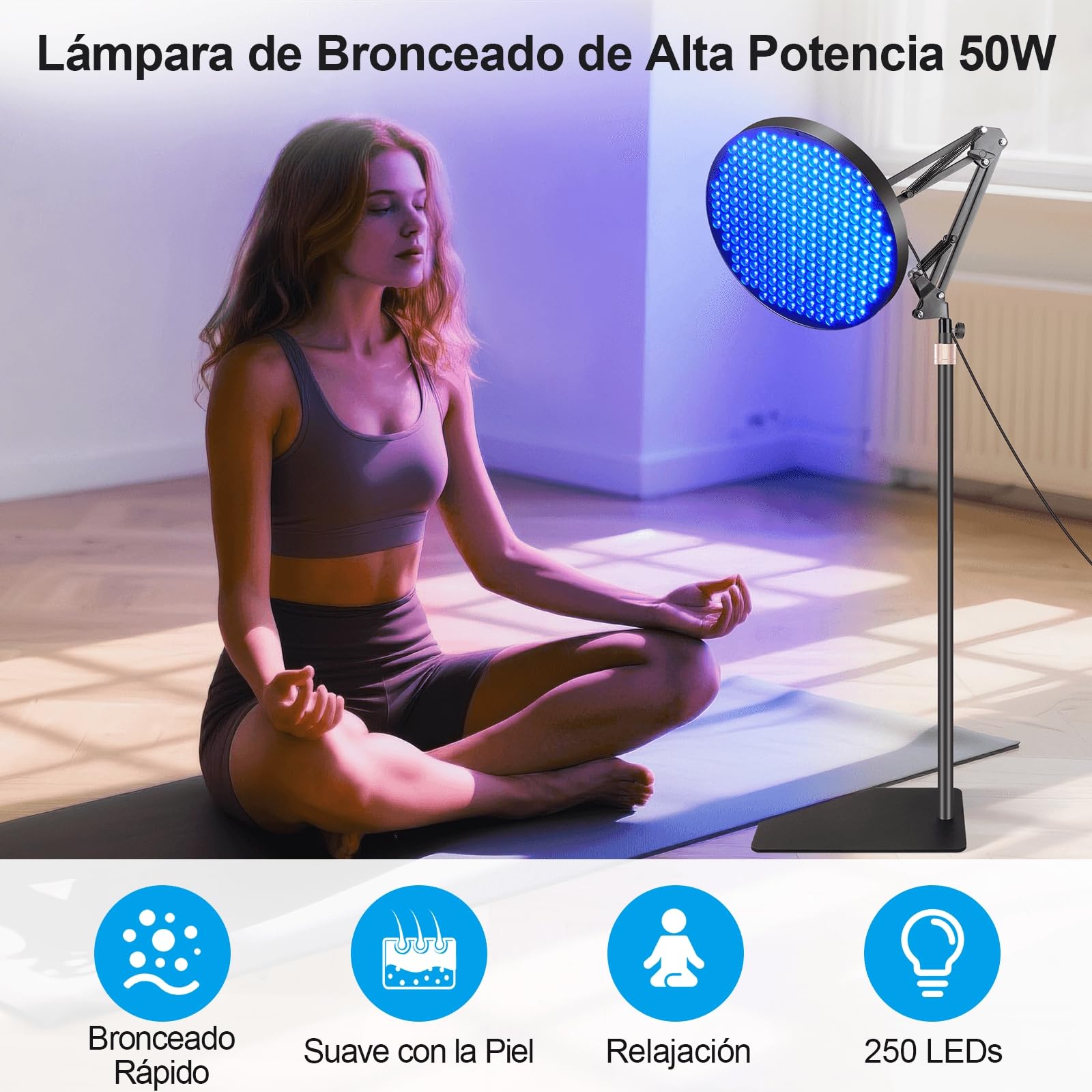 Lámparas de Bronceado 50W Solarium 250 LEDS Rostro y Cuerpo con Soporte Ajustable y Gafas - Azul