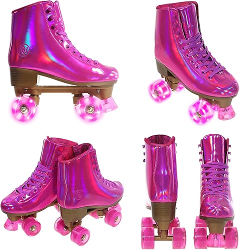 Miniatura 3 de JajaHoho Patines de ruedas para mujer, piel sintética holográfica magenta de alta calidad, patines de doble fila brillantes con cuatro ruedas rosa