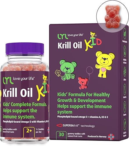 LYL - Aceite de krill para niños con vitamina D 3, vitamina E y vitamina A - Omega 3 unido a fosfolípidos para un crecimiento y desarrollo
