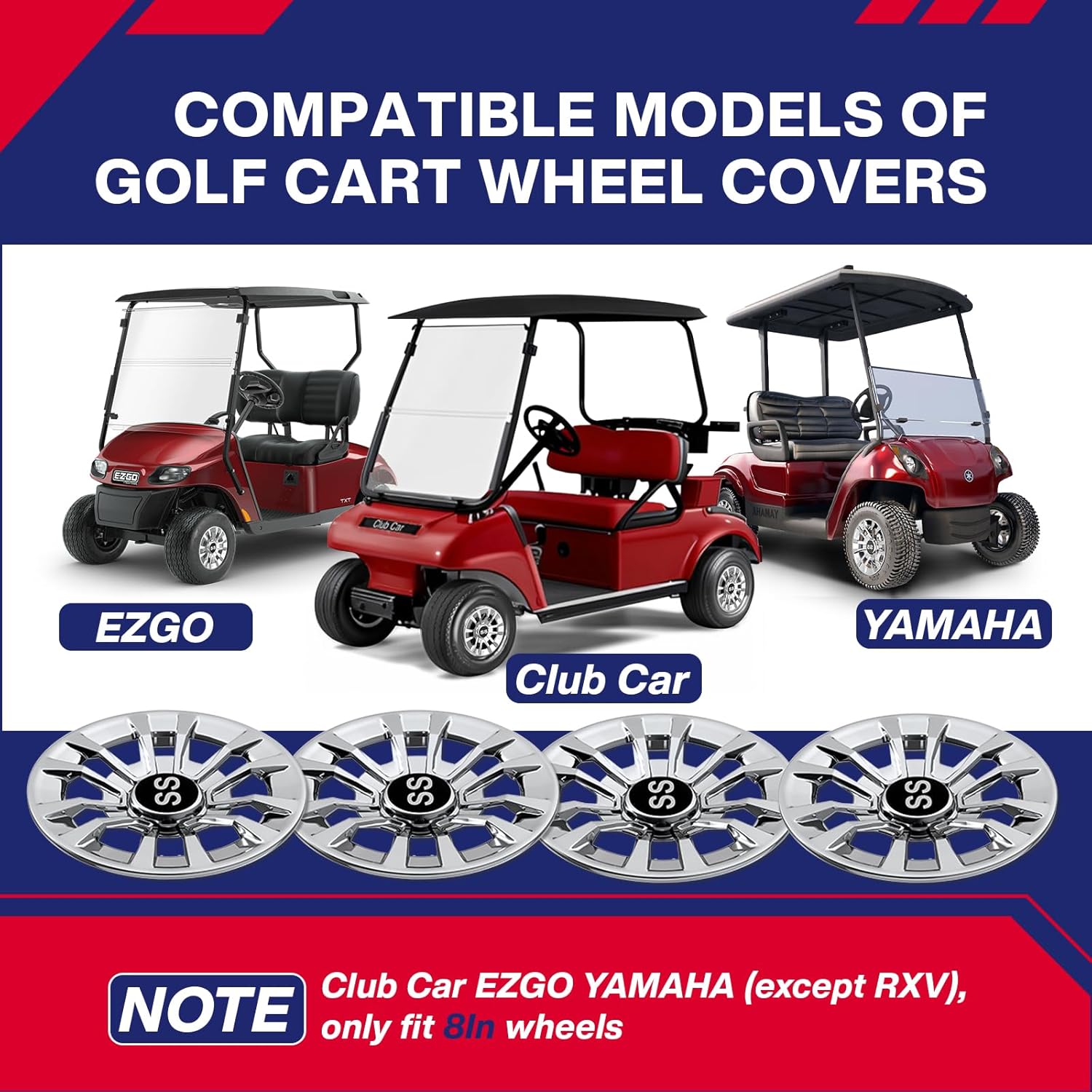 Golf Cart SS Wheel Covers, Golf Cart Hub Caps for Club Car EZGO Yamaha and Most Golf Carts, 6-Spoke Design, 8 Inch Golf Cart Wheel Hubcaps (Set of 4), Snap-on Installation, Not Fit EZGO RXV