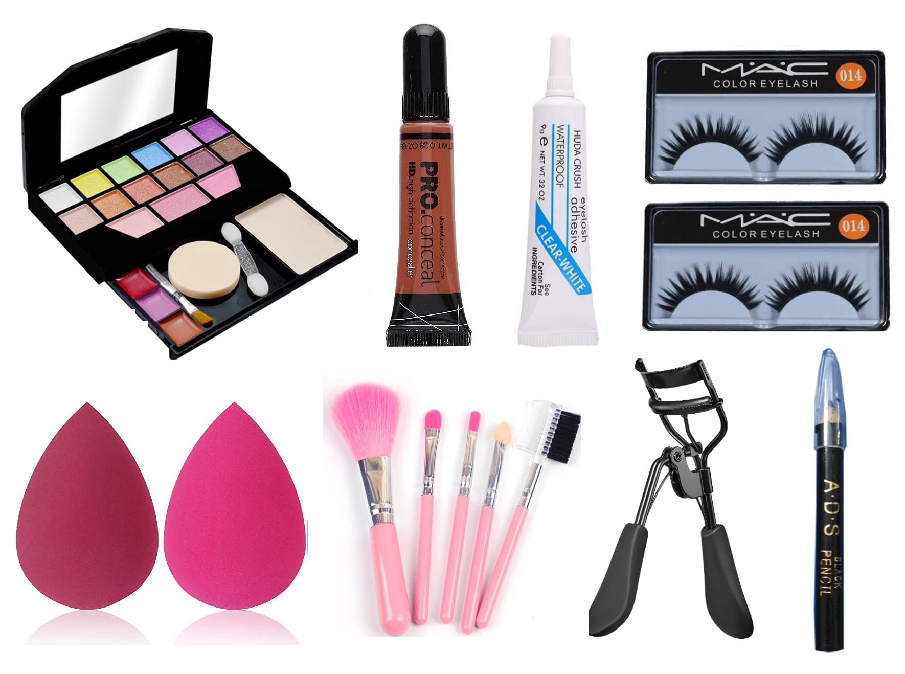 HUDA CRUSH BEAUTY LA Eye Concealer, Makeup Palette, 5Pcs Brush Set, 2 Sponge Puff, 2 Fake Eyelashes, Artificial Eyelash Glue, Eye Lash Curler and Eyebrow Pencil, Makeup Combo Kit for Girls
