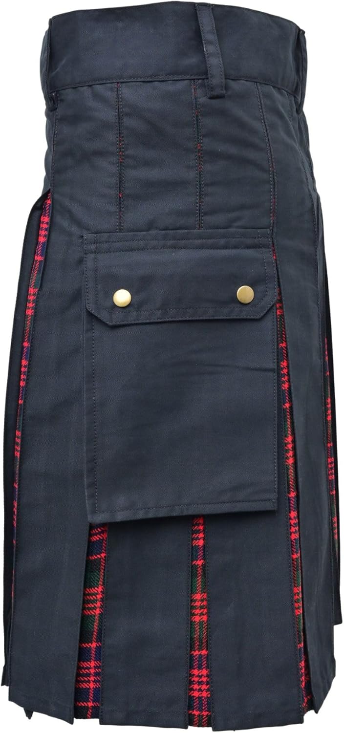 Modern Utility Kilts-Men's Scottish Plus Size Hybrid Black Cotton & Acrylic Wool Tartan Utility Kilts for Men