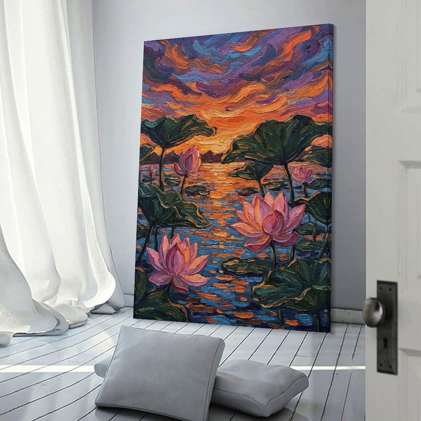 Junmoney Lotus Flowers at Sunset Painting Wall Picture Print 12x18inch(30x45cm), for Corridors, Hallways Or Apartment Entries, Wall Decor to Refresh Empty Corners