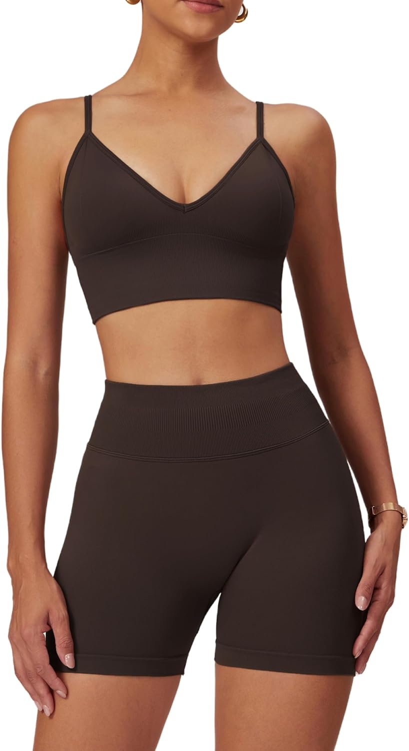 ABOCIW Womens Seamless Workout Sets Deep V Neck Sports Bra Scrunch Butt Lifting Gym Impact Shorts 2 Piece Outfits