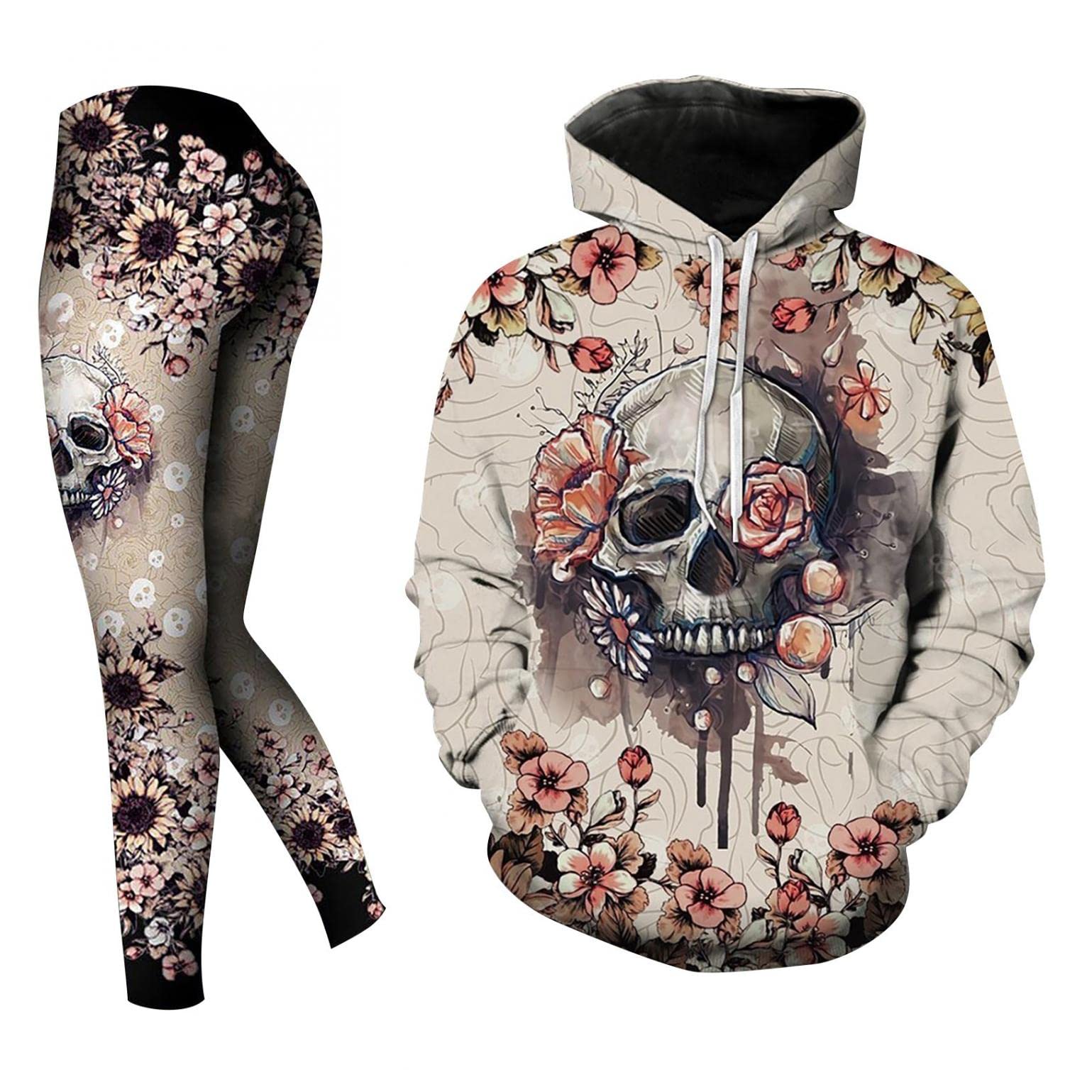 SIGOYIOversized Tracksuits Women Gothic Skull Print Hoodie & Slim Joggers Teen Girls Trendy Workout Sets Stretch Comfy Sweatshirt 2PCS