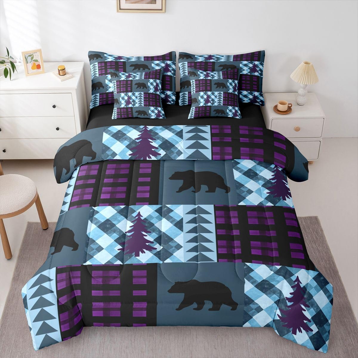 Erosebridal Bull Skull 7 Piece Bedding Set Queen Bohemian Comforter Set with Sheets Simple Line Drawing Bull Head Aztec Bed in a Bag Rose Leaf Print Black White for Teens Men Women