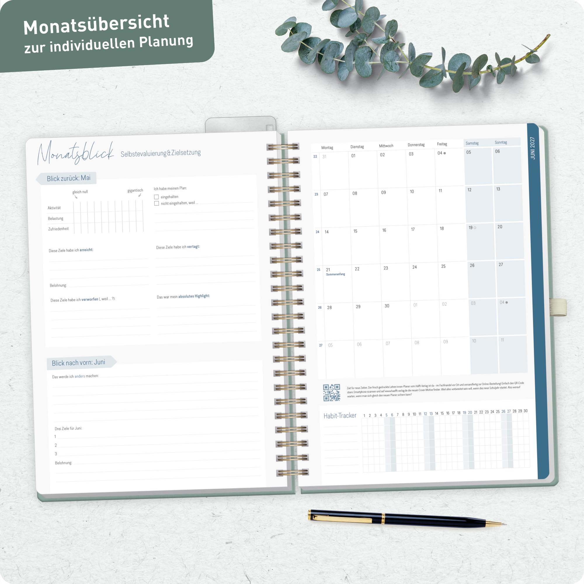 Häfft® Lehrerplaner 2026/2027 A4+ Deluxe – Großer Lehrerkalender & Schulplaner 26/27 mit Leinen-Einband & Spiralbindung "Green Canvas" – Für Grundschule, weiterführende Schulen & Referendariat