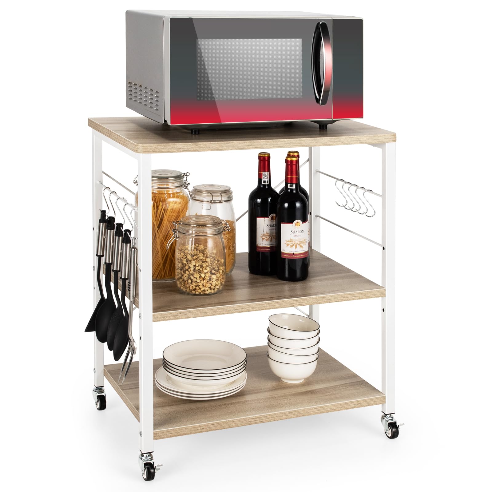 COSTWAY Carrello da Cucina con 10 Ganci Rimovibili, Scaffale per Pasticceria con 3 Livelli, Scaffale con Struttura di Metallo con Ruote Bloccabili per Bar Ristorante Hotel, 60 x 40 x 73,5 cm (Beige)