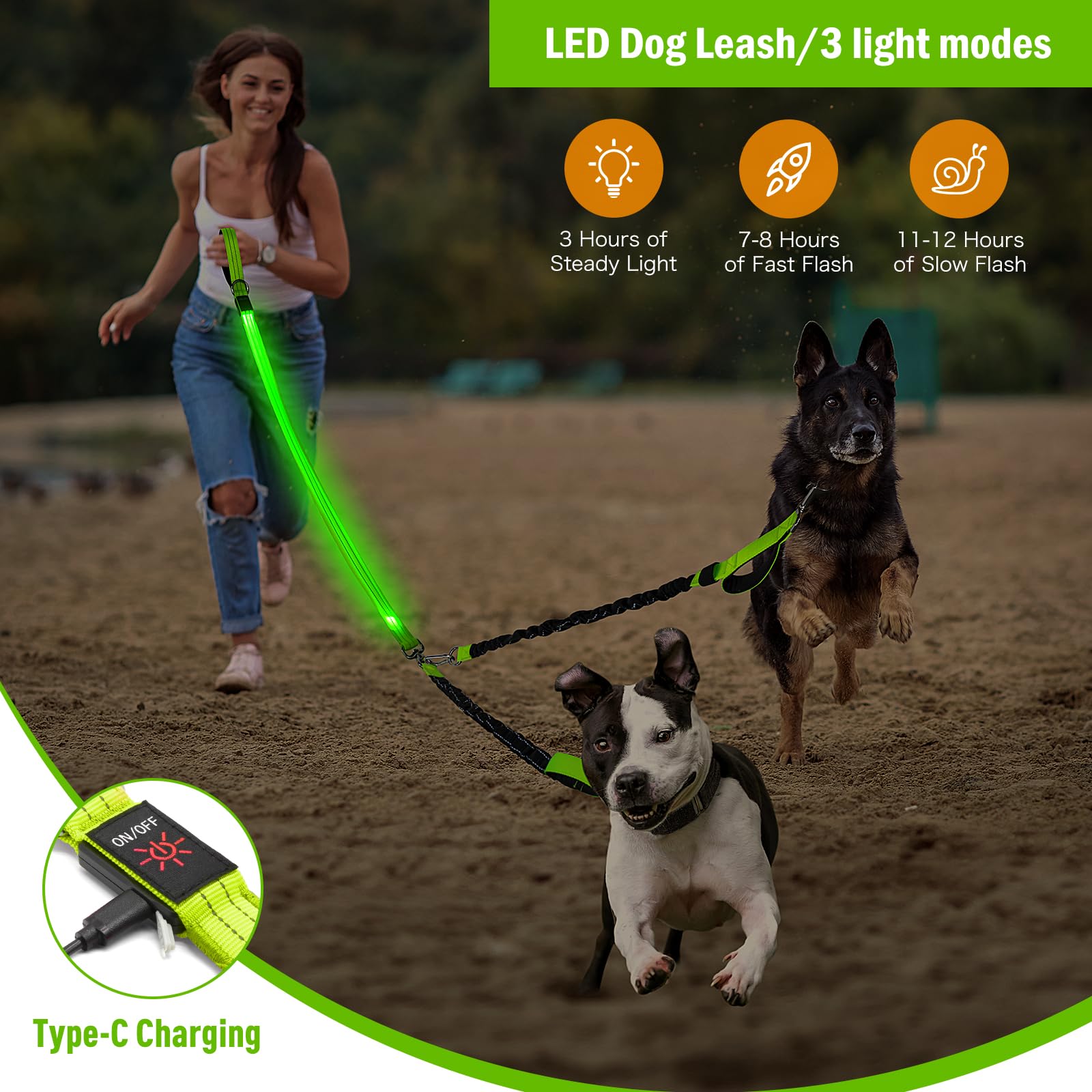 Correa doble LED para perro, correa giratoria de 360° para pasear perros, cómoda correa absorbente de golpes para perro, elástico extraíble reflectante para dos perros