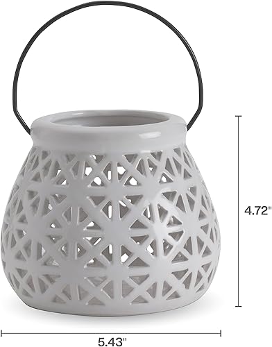 Miniatura 2 de Elements Linterna de cerámica con diamantes perforados, para uso con cera real o velas sin llama, 5.43 x 5.43 x 4.72 pulgadas, blanco