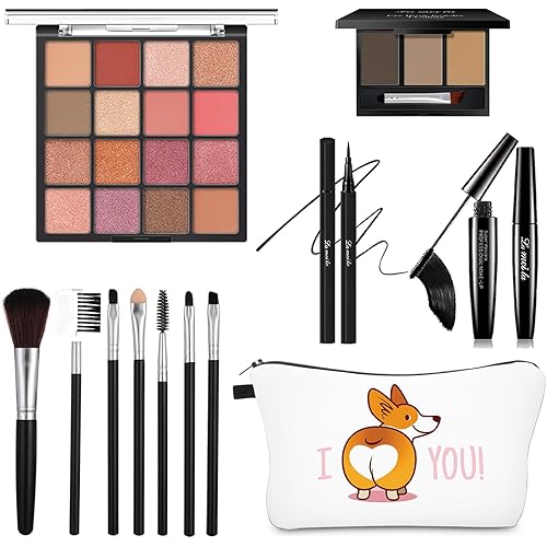 All in One Makeup Kit For Girls - 16 Colors Purple Eyeshadow Palette,7Pcs Makeup Brushes,Waterproof Eyeliner Pencil,Eyebrow Powder,Mascara,Corgi Cosmetic Bag,Women and Teens Makeup Gift Set
