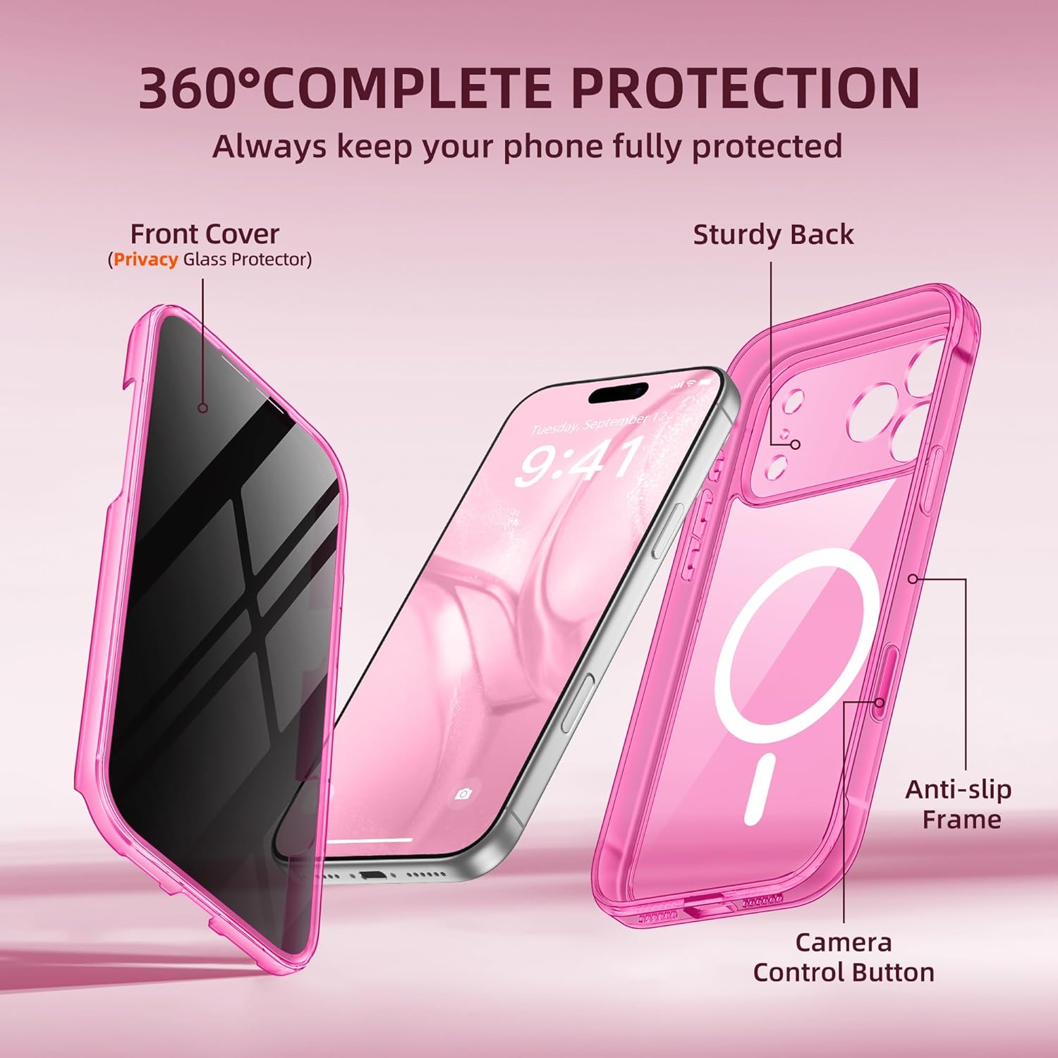 BERFY for iPhone 17 Pro Max Case, Compatible with MagSafe, Built-in Privacy Screen Protector and Camera Protection, Anti-Spy Full Body Shockproof Clear Phone Case for 17 Pro Max 6.9", Bright Pink - Image 9