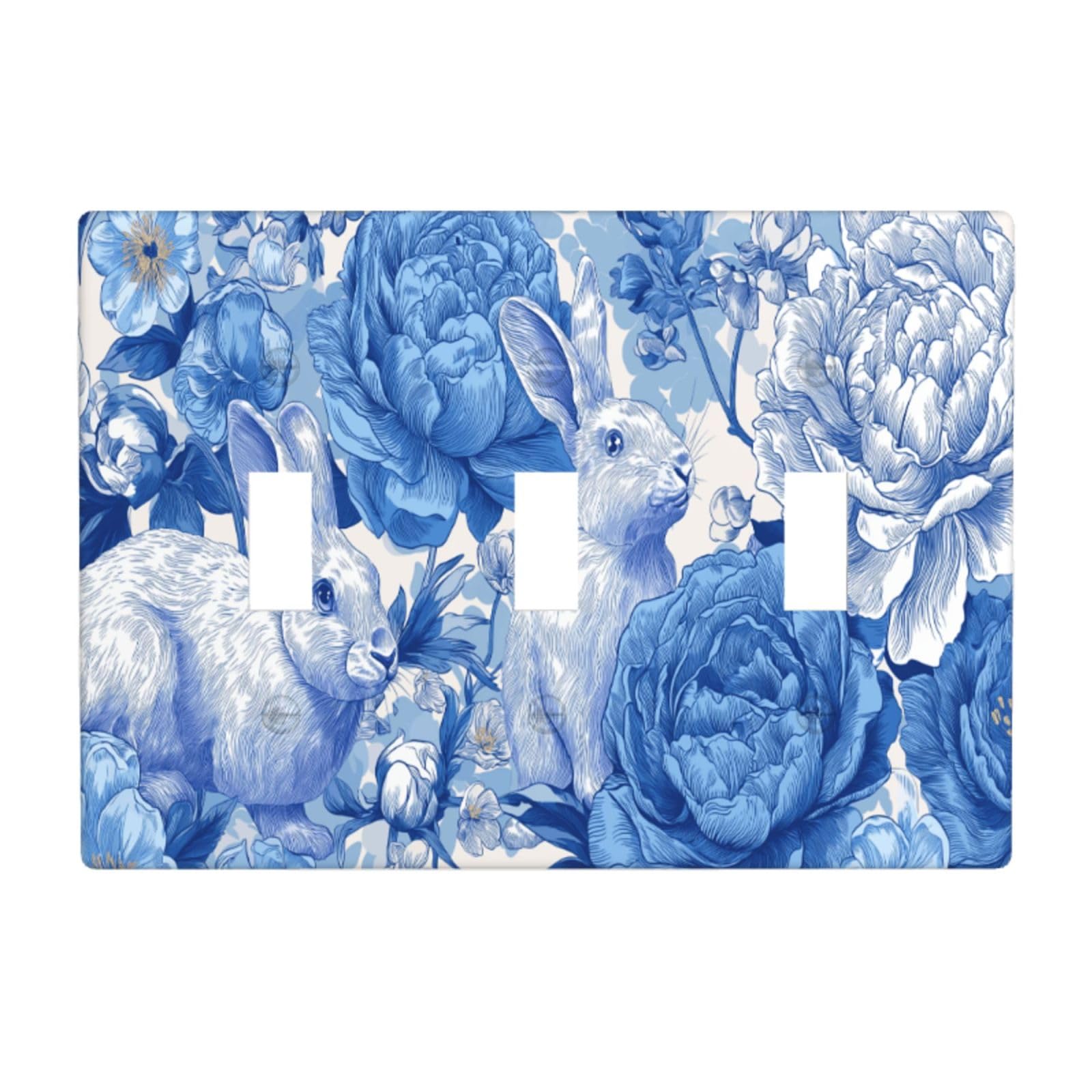 Woshuwo White Rabbits And Peonies Blue To Light Switch Covers 3 Gang Triple Toggle Wall Plate Switchplate Electrical Faceplate For Bathroom Kitchen Bedroom Decor