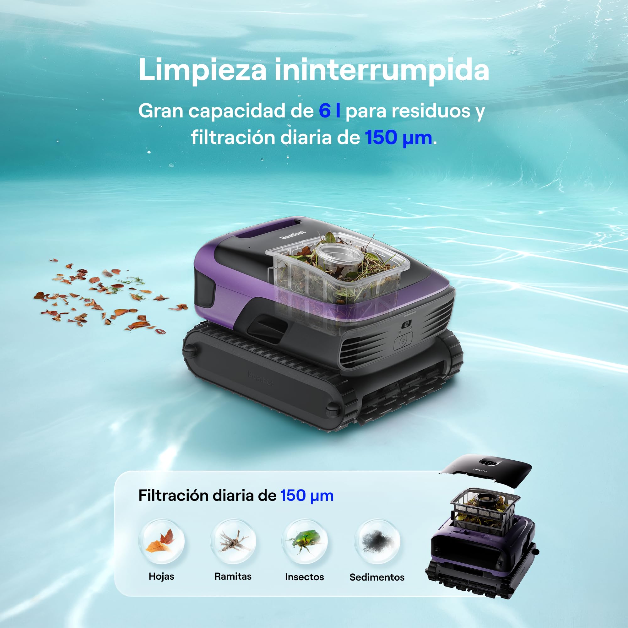 Beatbot Sora 70 Robot limpiafondos 4 en 1: Fondo, Paredes, línea de flotación y Superficie, 25700 LPH, Aparcamiento en Superficie, depósito de 6 l, para Piscinas elevadas y enterradas de hasta 300 m² — view 8