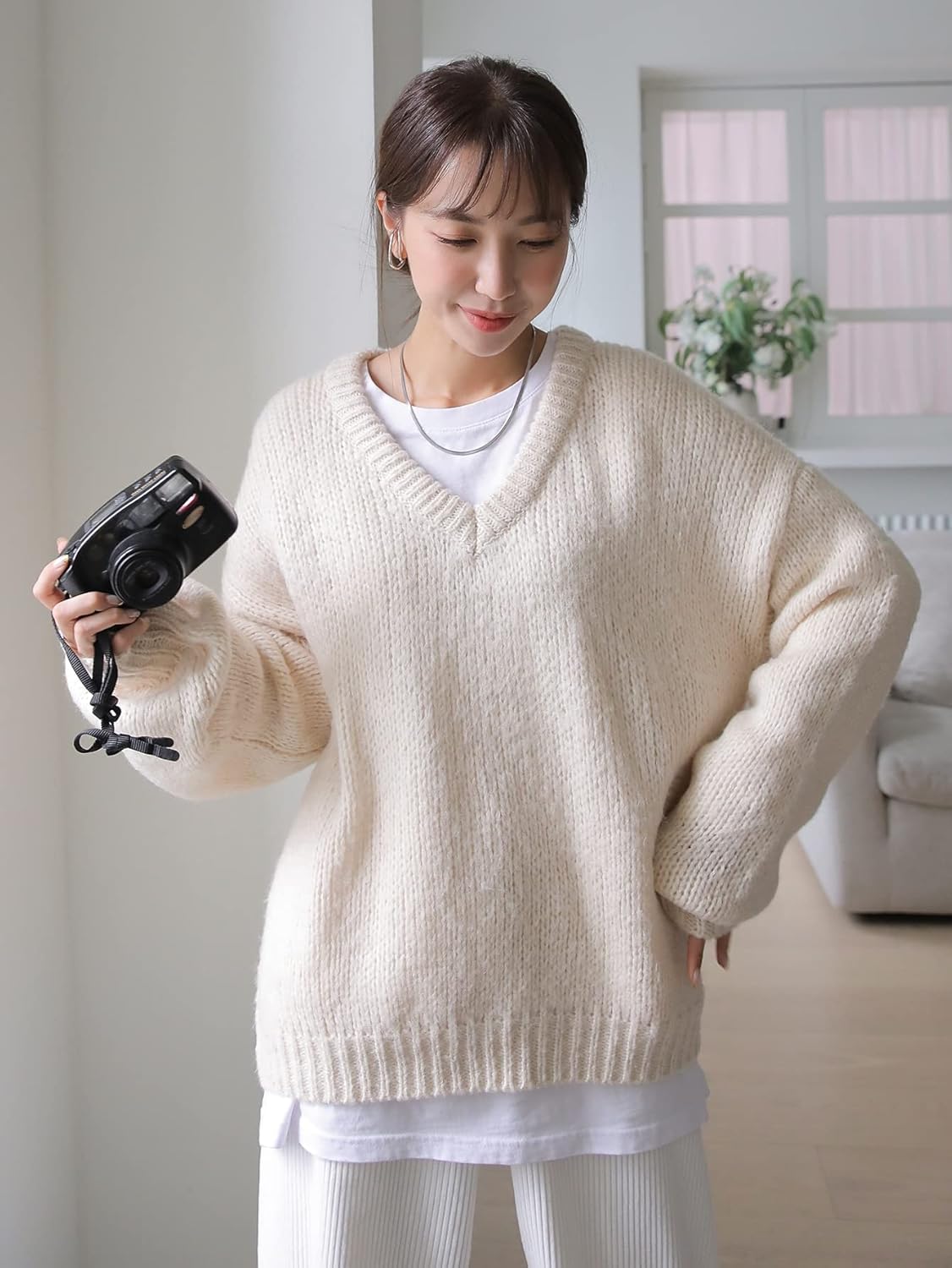 Women's Sweater Solid -Neck Drop Shoulder Sweater Sweater for Women (Color : Beige, Size : Medium)