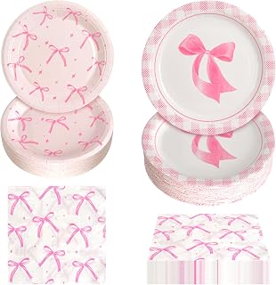 180Pcs Pink Bow Party Supplies Paper Plates and Napkins Serve 60 Disposable Tableware Set for Birthday Party Decorations Game Day Family School Holiday Sports Events