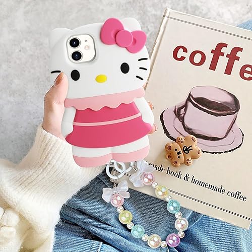 Miniatura 3 de WOLLONY Funda con diseño de dibujos animados 3D para iPhone 11 con cadena de pulsera, funda de silicona suave con diseño de animales kawaii para