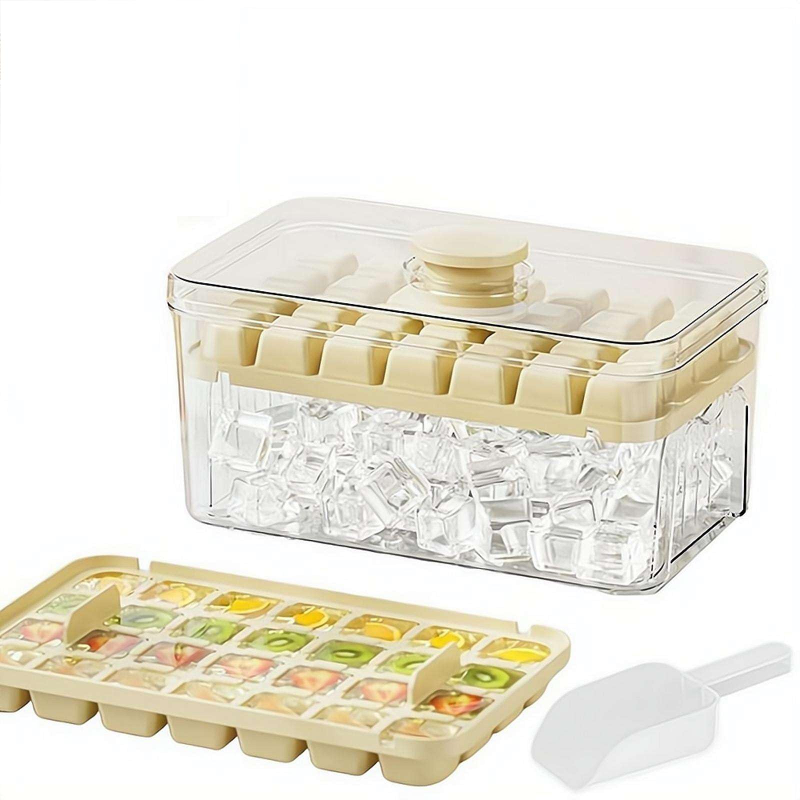 One-Press Ice Cube Tray with Lid and Bin, Easy-Release Ice Cube Maker with Scoop & Storage Container, Reusable Tray for Freezer Cocktail Whiskey Coffee