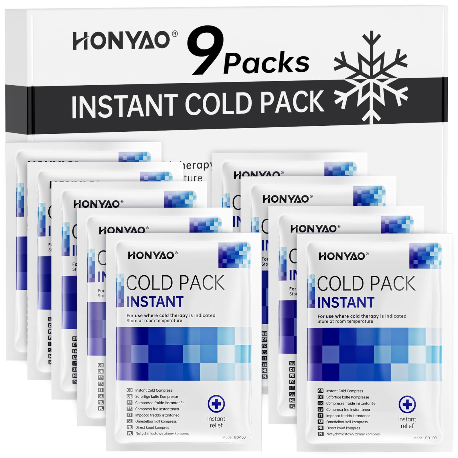 HONYAO Okład Chłodzący Instant 9 Sztuki, Jednorazowe Natychmiastowe Zimne Kompresy na Ból Obrzęk Stan Skręcenia, IInstant Ice Pack na Sport Strona Główna Podróże Wędrówki Piesze