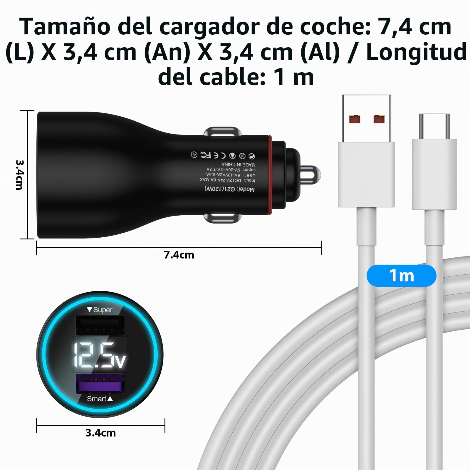 ASKUBSKU Cargador Coche 120W y Cable para Xiaomi Redmi Note 15 14Pro+ 5G | Carga Rápida USB Adaptador Cargador Coche y 6A Cable USB C 1Metro para Xiaomi 17T Pro 13 Pro Poco F8 Redmi Note 13Pro+ 12Pro+