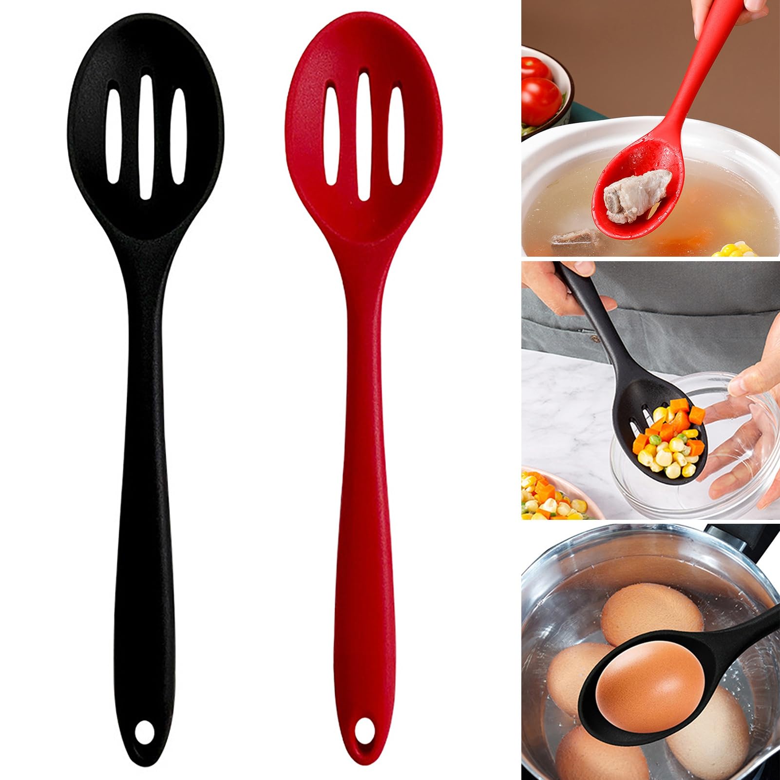 Cuillère fendue en silicone résistant à la chaleur - Sans BPA - Louche de cuisine pour mélanger, servir, badigeonner, frire, égoutter - Noir + rouge Cuillère fendue en silicone résistant à la chaleur - Sans BPA - Louche de cuisine pour mélanger, servir, badigeonner, frire, égoutter - Noir + rouge