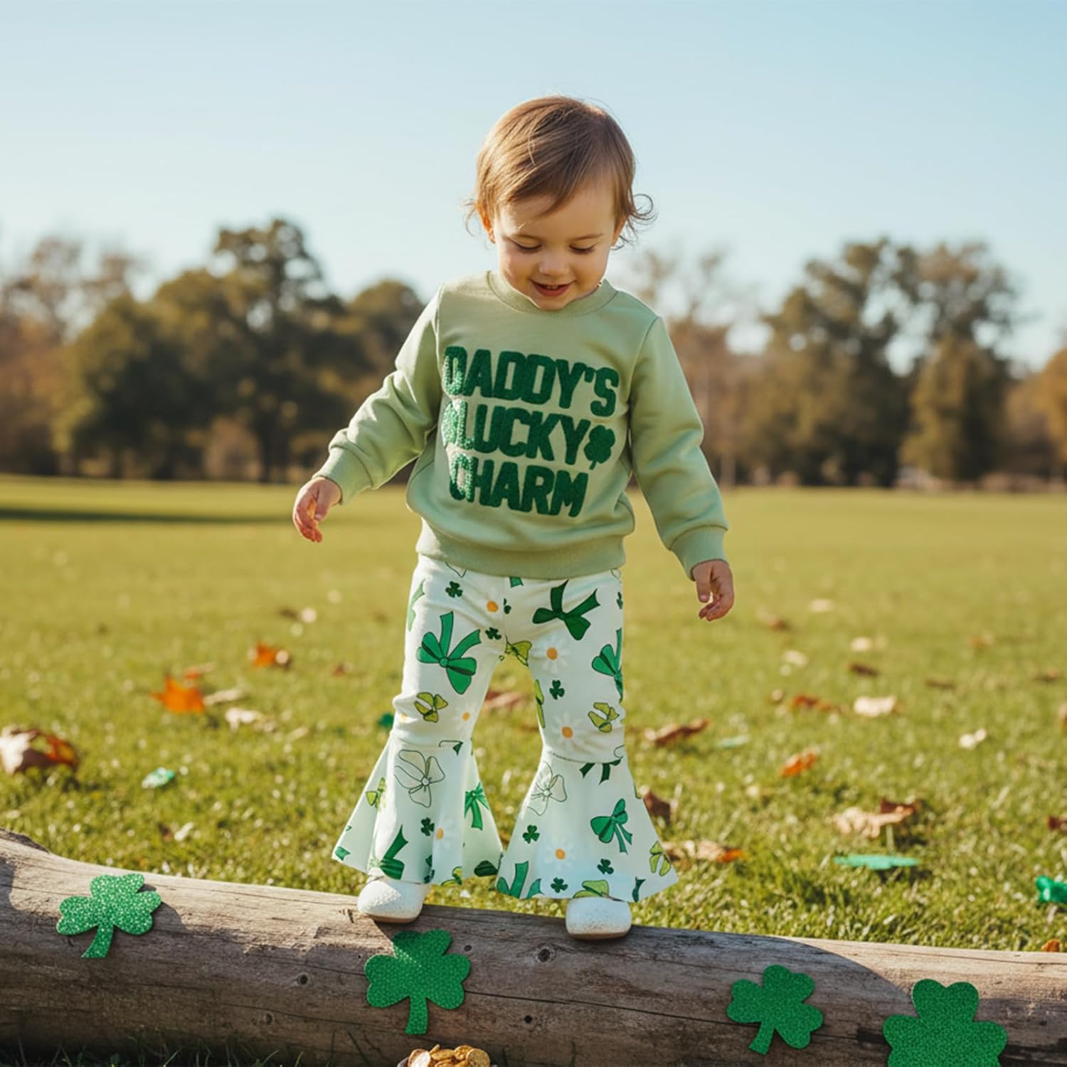 Toddler Baby Girl St Patricks Day Outfit Embroidered Long Sleeve Sweatshirt Top Flared Pants 2Pcs Set Irish Clothes - Image 2