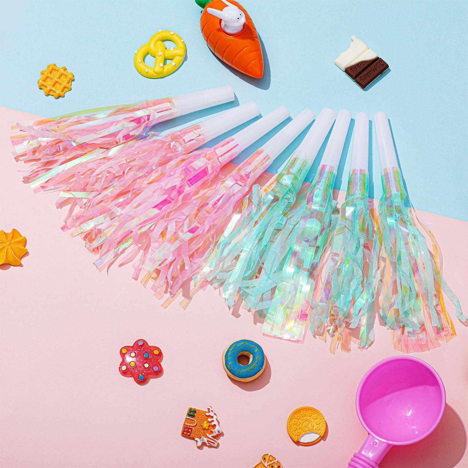 Tazweeq Mermaid Party Blowers, Noise Makers, Glitter Metallic Fringed Party Horns, Kids Girl Mermaid Party Favor, Birthday Decorations (24 Pcs,Pink,Green)