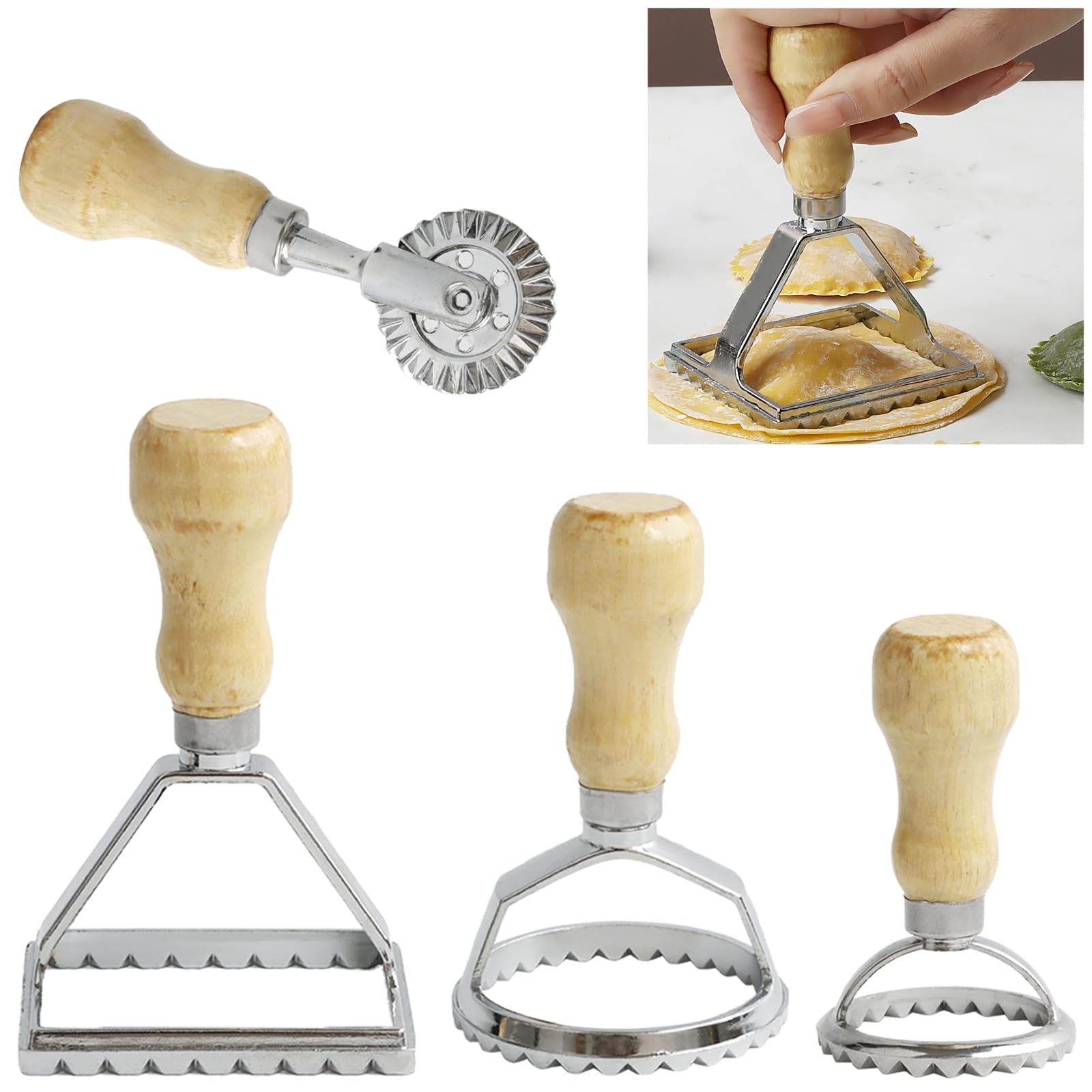 Ravioli Stamp Maker Cutter with Roller Wheel Set, Large Size Aluminum Press with Wooden Handle and Fluted Edge, Ravioli Maker Stamp for Ravioli, Pasta, Dumplings Lasagna, Pierogi, Set of 4