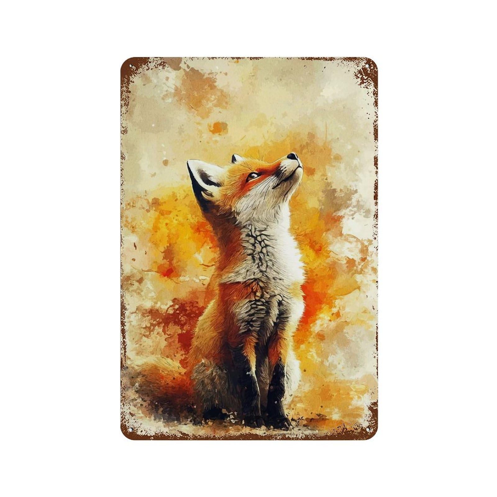 Watercolor Fox Looking Upward Rust Effect Tin Sign 11.8"x7.9", Decorative Metal Wall Art for Living Room, Hallway And Home Decor