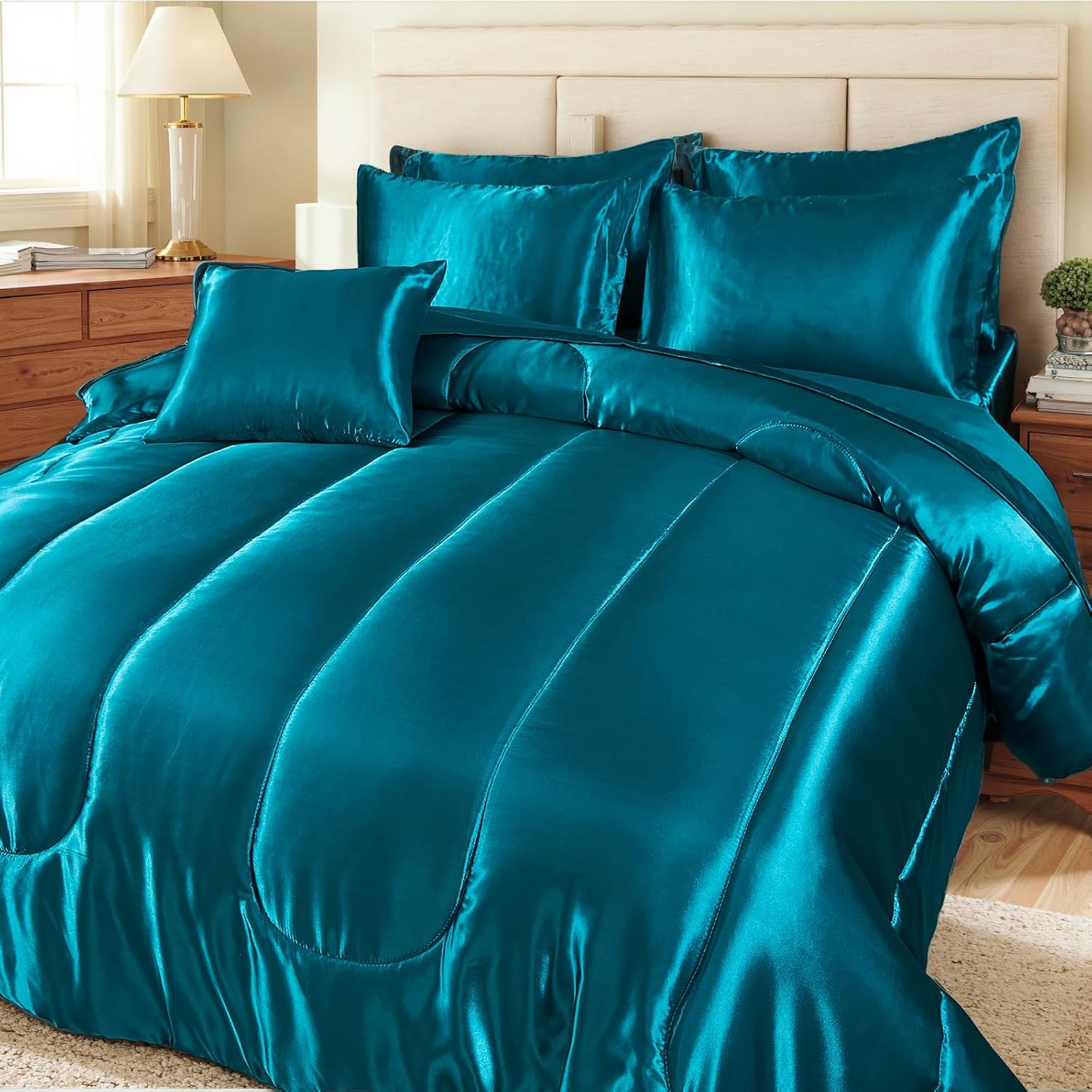 Bedding_Dreamer Satin Comforter Set Queen Size, 8 Piece Bed in a Bag Peacock Green with Sheets, Silky Soft Polyester Satin Bedding Set, Lightweight, 16 Inch Deep Pocket, Fresh Coastal Style