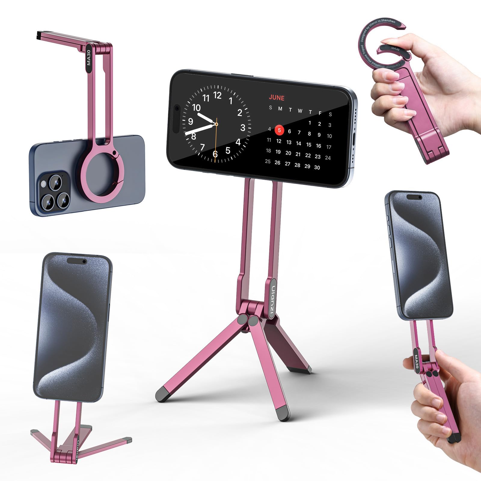 ULANZI MA30 磁気携帯電話三脚スタンド iPhone用 - アルミニウム Maglock スマートフォン ミニ三脚ポケット 携帯電話スタンド 強力なマグネット クイックマウント iPhone 17 16 15 14 13 12シリーズ対応 ピンク