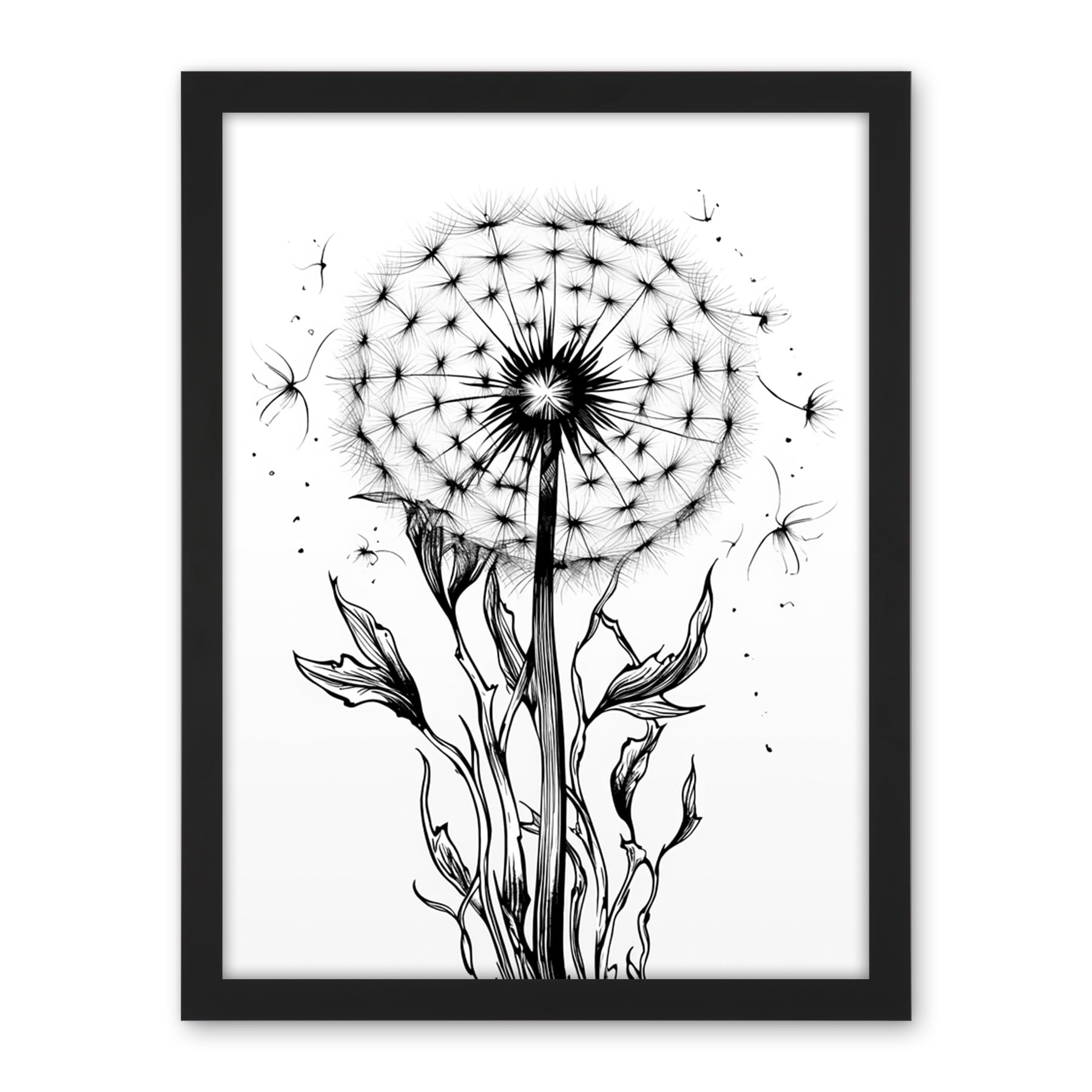 Artery8 Dandelion Flower Seed Black and White Rockabilly Americana 50s Artwork Framed Wall Art Print 18X24 Inch