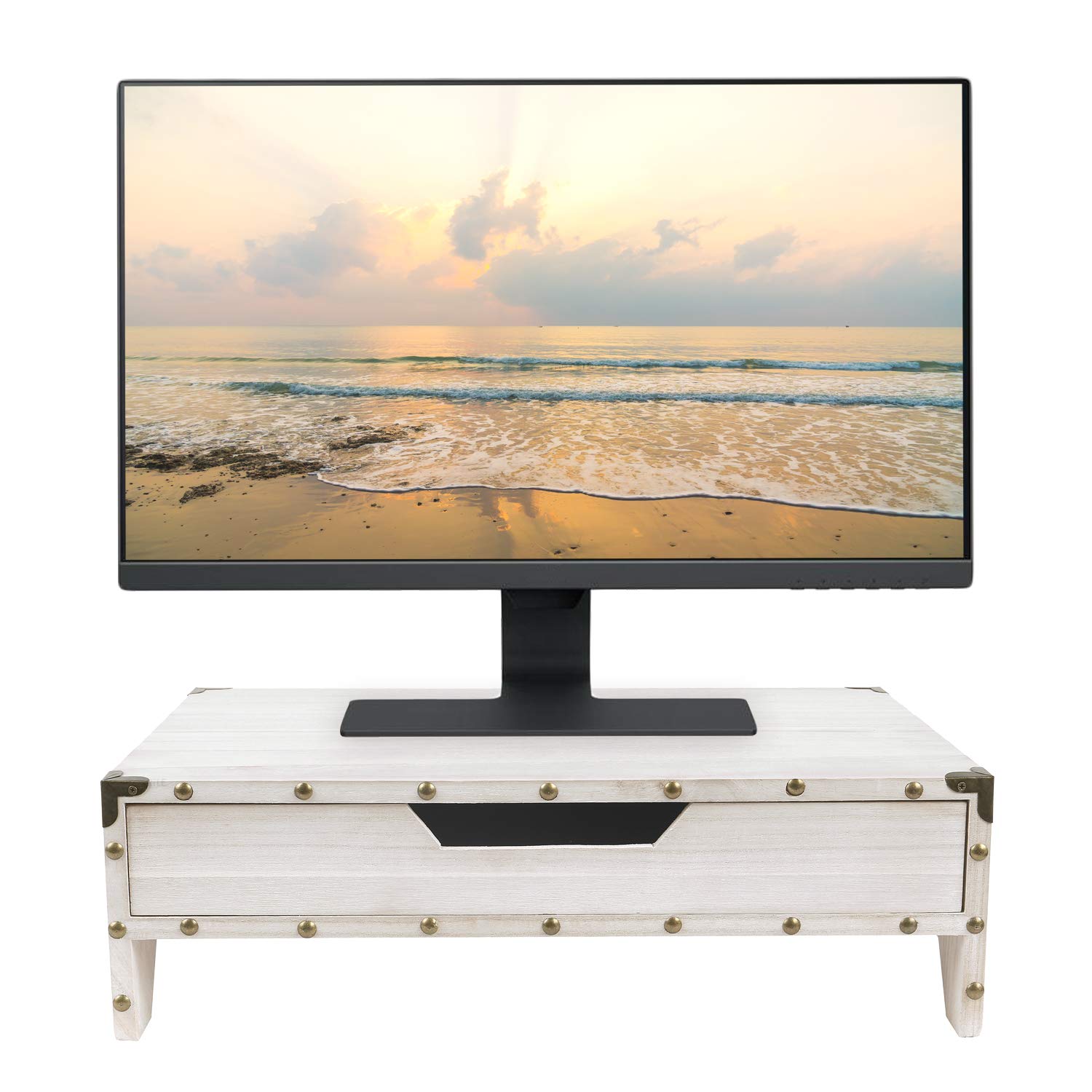 Ikee Design Wooden 2 Tier Monitor Stand with Drawer,Wood Desktop Stands for Laptop ,TV, Computer Riser,Wooden Clutter-Free Desk Storage Organizer,16 1/2 W x 10 1/4 D x 5 1/8 H in, White