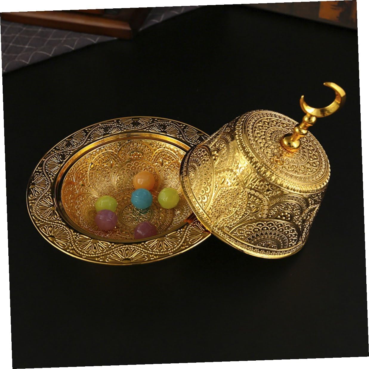 PRETYZOOM Middle East Arabia Metal Snack Bowl with Lid, Multi-function Dessert Storage Bowl for Fruit and Dry Fruits, Gold Tone Serving Plate for Ramadan and Home Entertaining